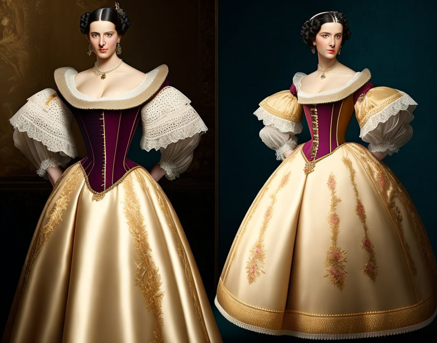 Historical dress with wide skirt and pearl necklace.