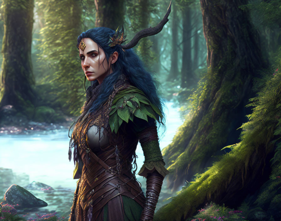 Blue-skinned elf in intricate armor and horned headdress in mystical forest