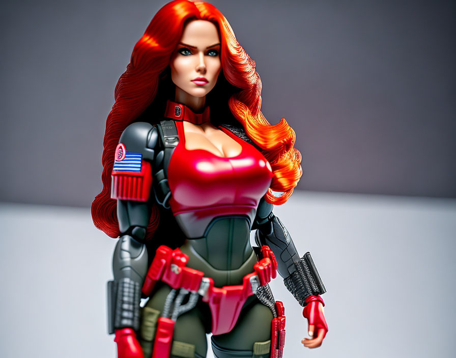 Female superhero collectible figure with red hair and American flag patch on suit