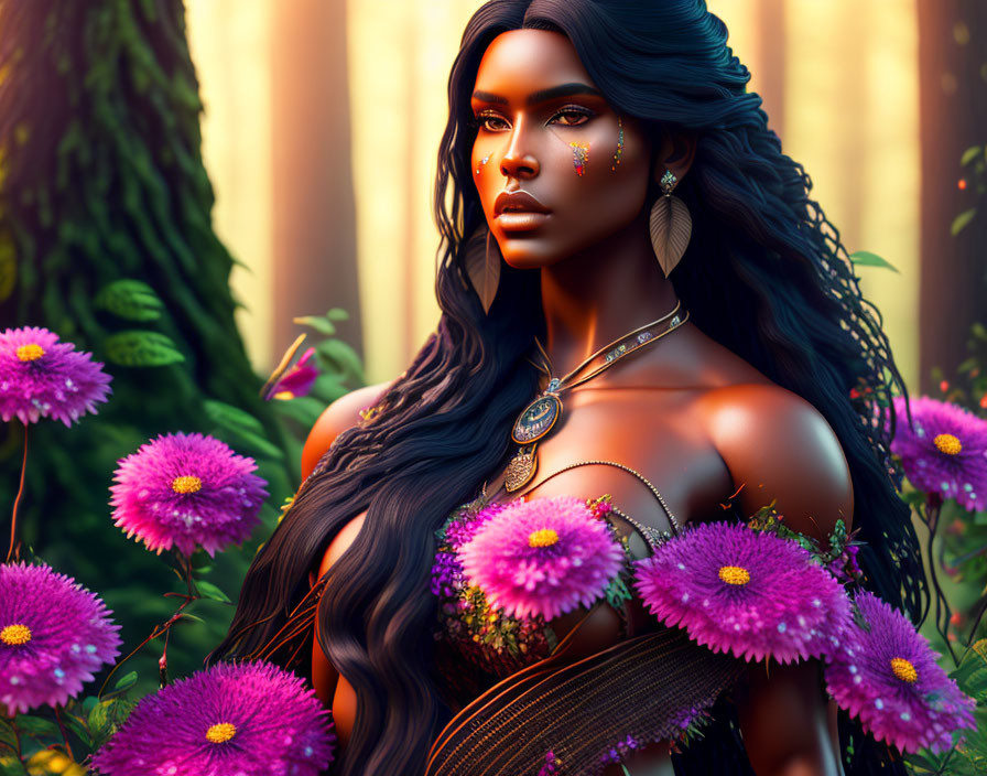 Digital artwork of a woman with long dark hair in mystical forest with purple flowers