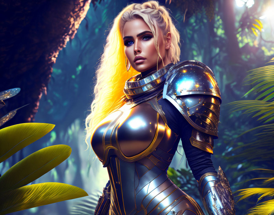 Blonde Woman in Futuristic Armor in Jungle Setting