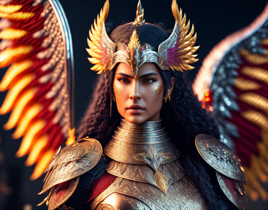 Detailed 3D illustration of female warrior in golden armor with fiery red wings