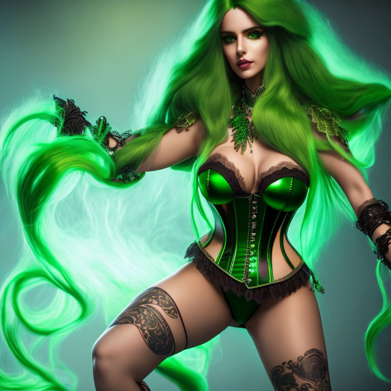 Fantasy illustration of woman with green hair and tattoos in black corset on mystical green backdrop