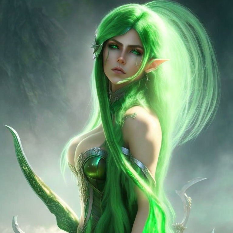 Fantasy illustration of female elf with green hair, pointed ears, and curved blade