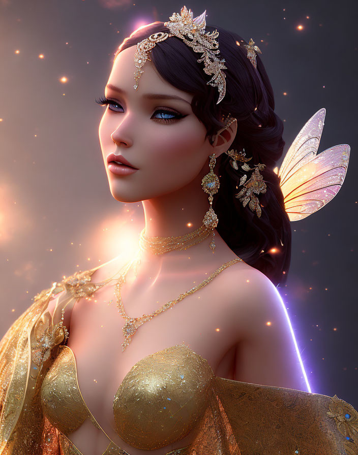 Digital artwork: Fairy with luminous wings, golden jewelry, and crown in twilight setting.