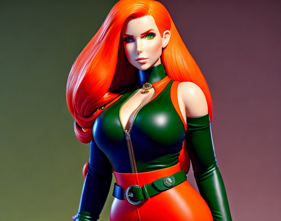 Female character in green suit with red hair and zipper - 3D illustration