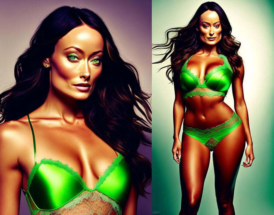 Digital artwork: Woman with green eyes in lingerie, two poses on gradient background