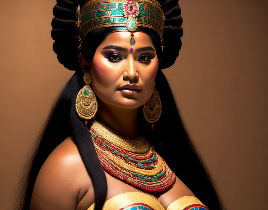 Woman with Striking Makeup and Elaborate Jewelry in Cultural Headdress poses against Warm Backdrop