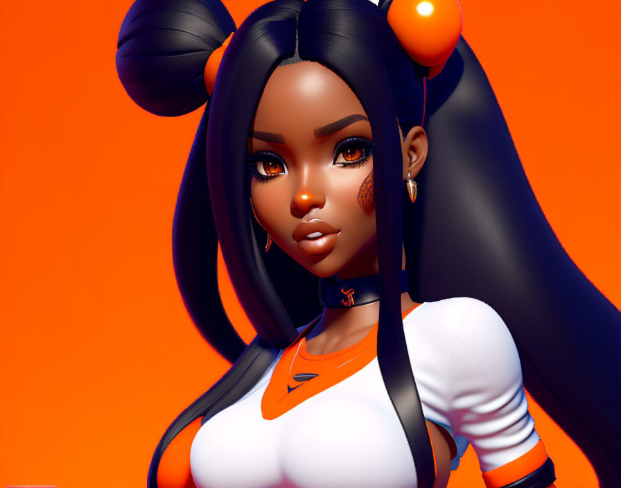 Stylized female character with dark skin and buns on orange background