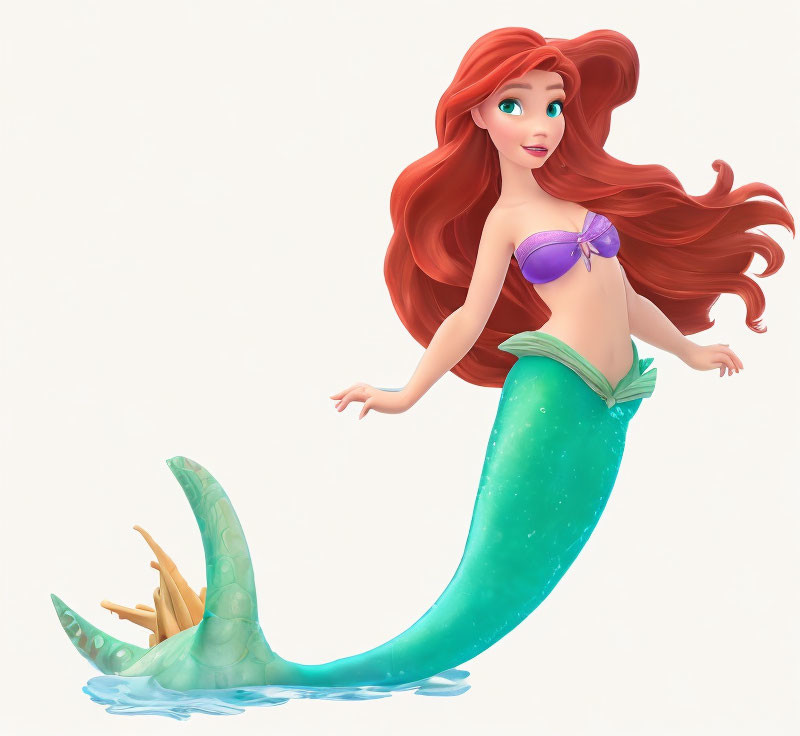 Mermaid 3D illustration with red hair, purple top, and green tail