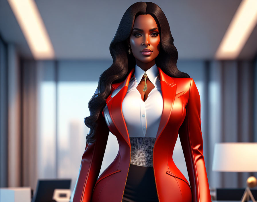 3D-rendered image of elegant woman in red suit with black hair