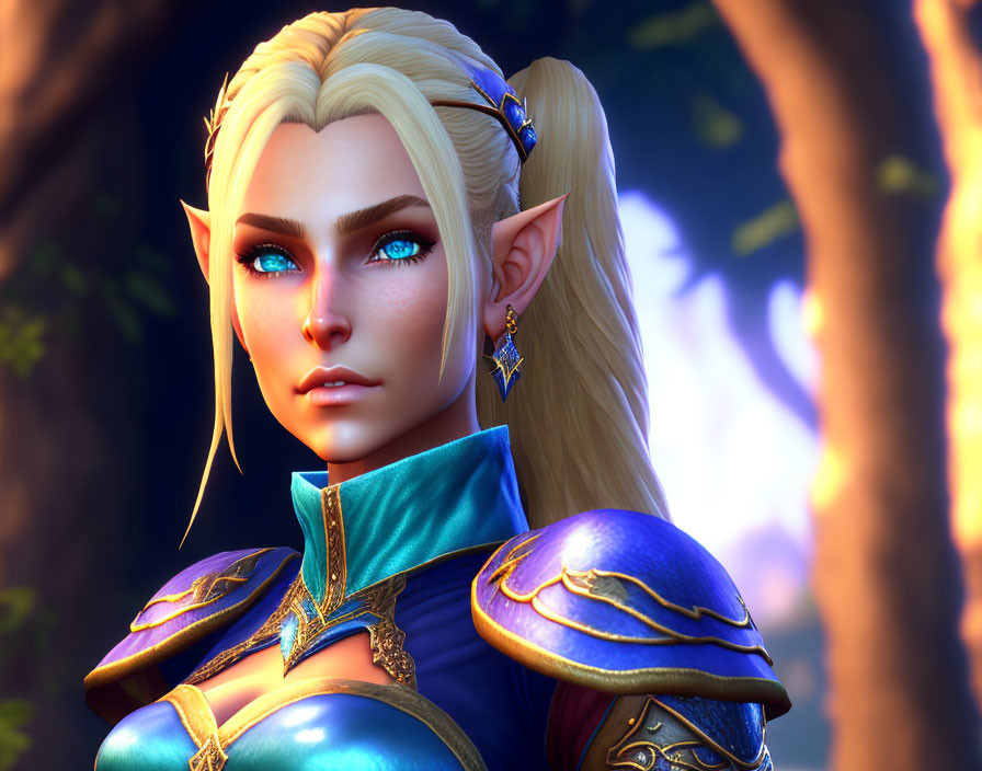 Blond-haired elf in blue & gold armor against forest backdrop