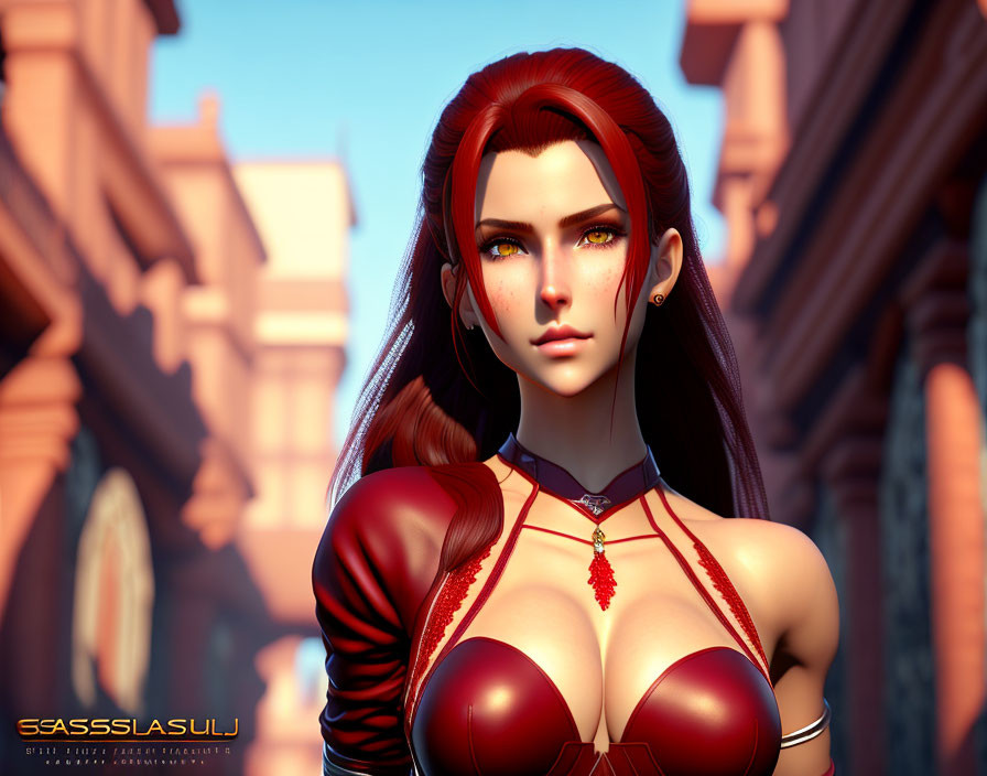 Red-haired female character in red outfit with green eyes against ancient city backdrop