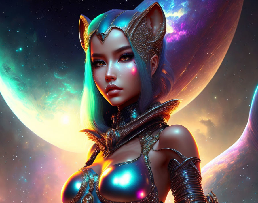 Celestial cat-human hybrid in futuristic armor with glowing blue hair against cosmic backdrop