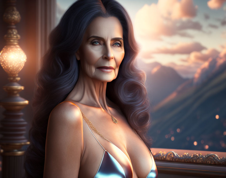 Digital artwork: Elegant mature woman with voluminous hair admiring mountain sunset through window