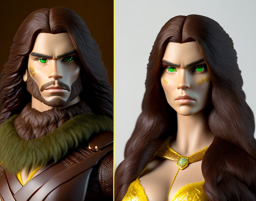 Detailed split image: male and female figurines with green eyes and brown hair