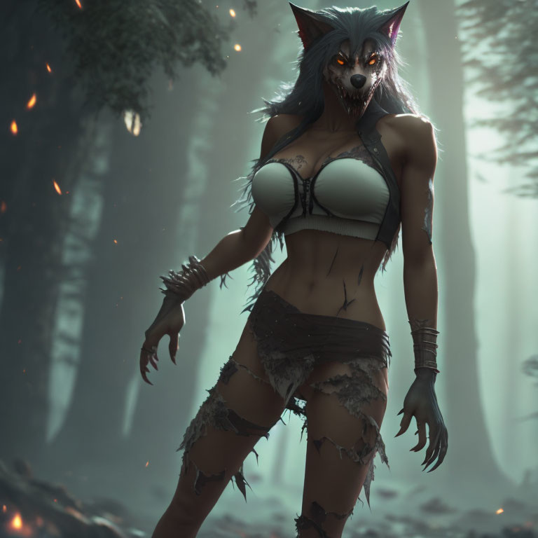 Anthropomorphic wolf character with piercing eyes in forest setting wearing tattered clothing