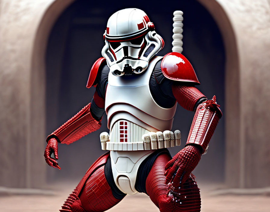 Red and white armored suit with Spider-Man features and stormtrooper helmet.