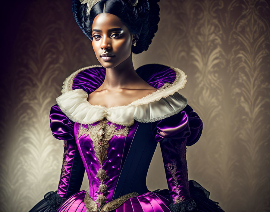 Historical woman in elegant purple dress with white ruffles on patterned backdrop