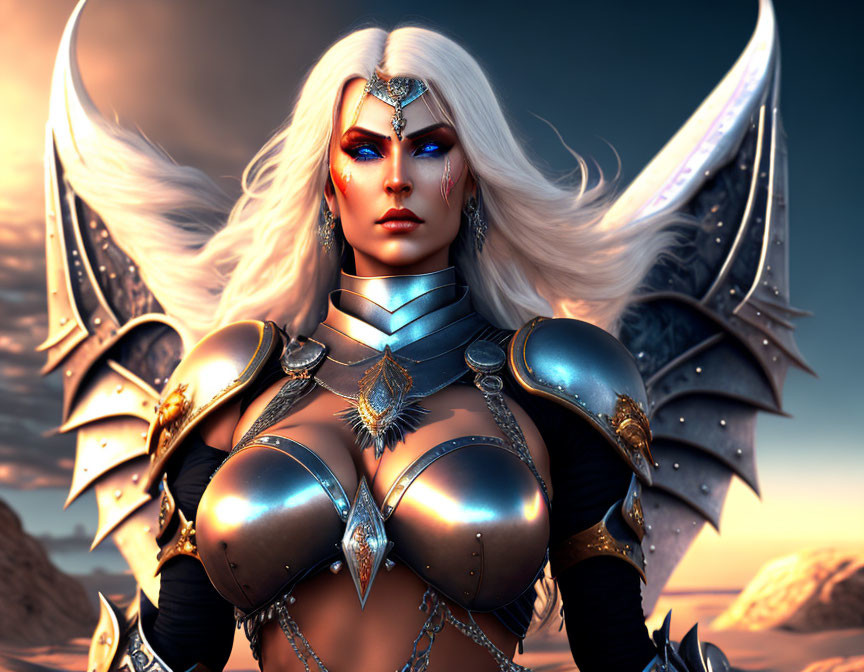 Fantasy warrior woman with white hair in silver armor in desert sunset.