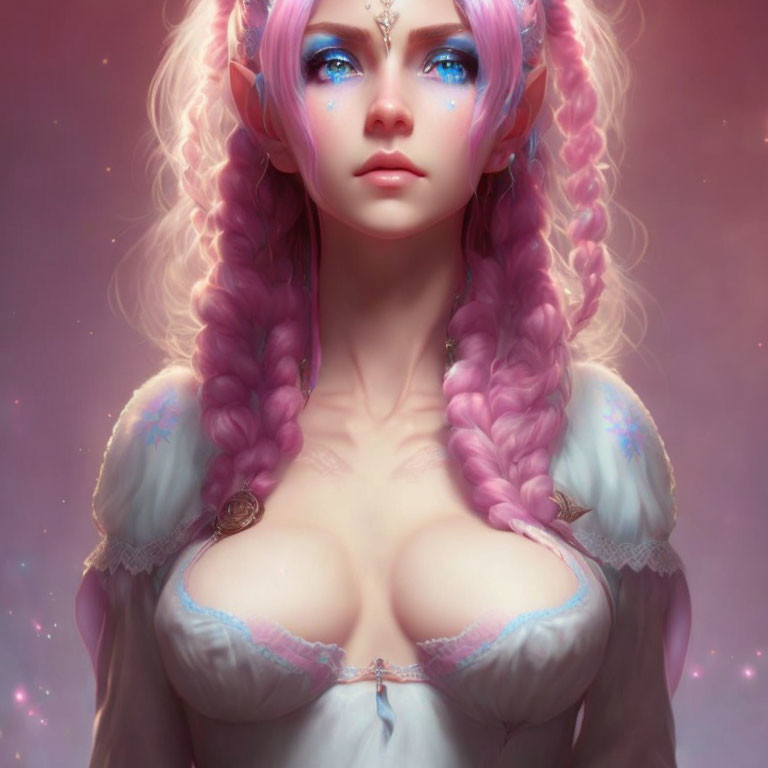 Digital Artwork: Female with Pink Braided Hair and Fantasy Attire