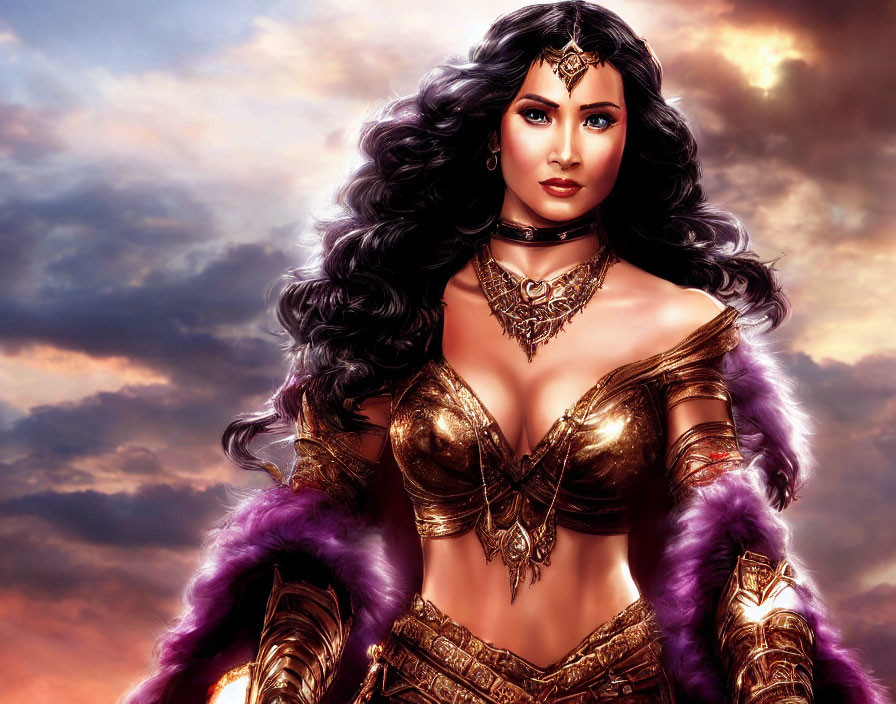 Warrior woman digital art: dark wavy hair, golden armor, purple fur, cloudy sky