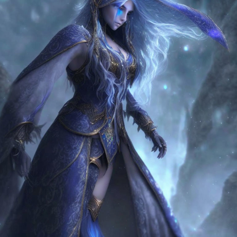 Ethereal character in blue and gold robes in icy landscape