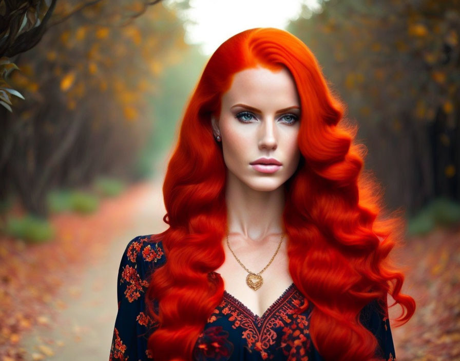 Woman with vibrant red hair and blue eyes in autumn forest wearing dark floral blouse.