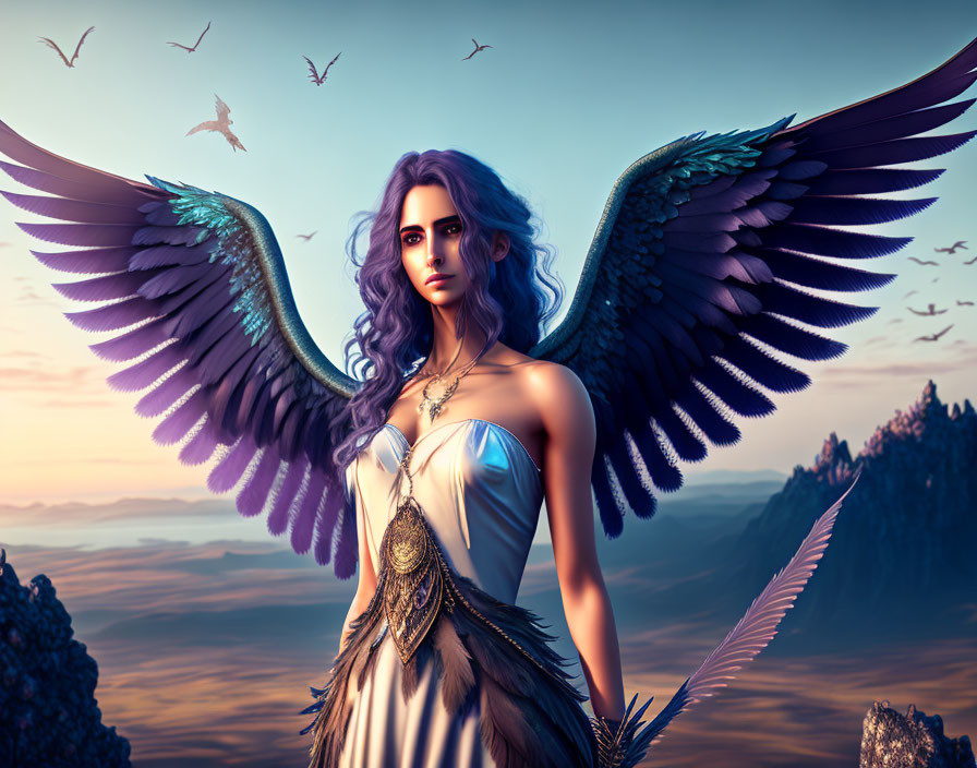 Majestic winged woman on cliff at sunset