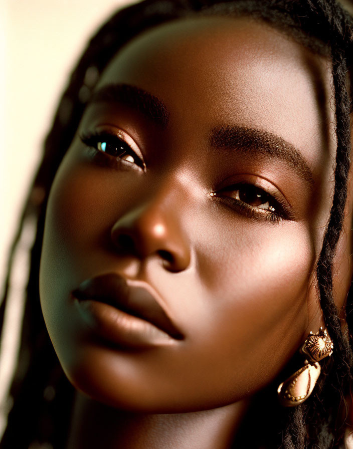 Woman with braided hair and glowing skin in warm lighting, wearing round earrings