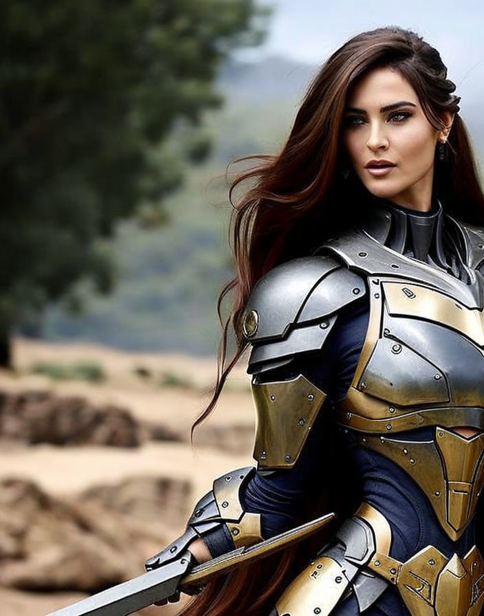 Long-haired woman in silver and gold armor with sword in blurred landscape