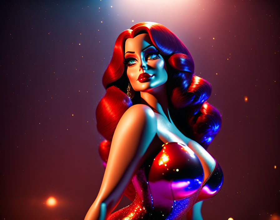 Voluminous red hair woman in shimmering dress on starry red backdrop