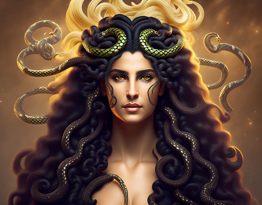 Mythical Medusa-inspired digital artwork with snake hair and golden accents