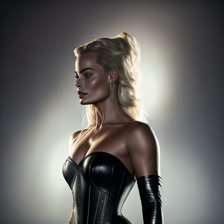 Blonde woman in corset and glove, digital art side profile