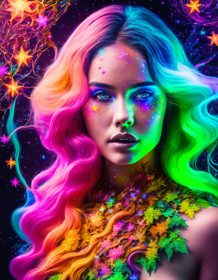 Vibrant rainbow hair woman with cosmic makeup in mystical neon star setting