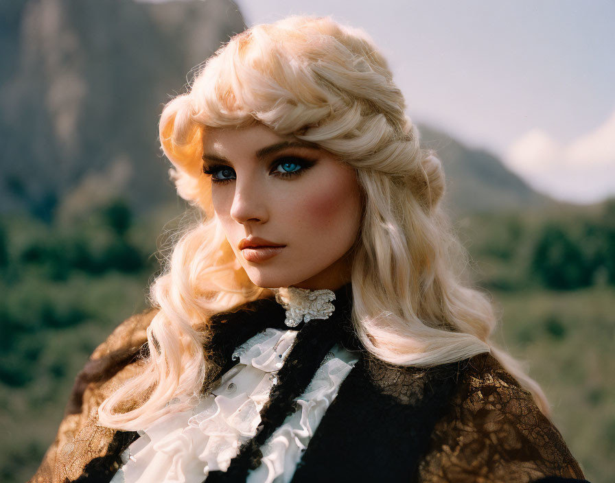 Blonde Woman Portrait in Black Lace Outfit with Outdoor Hills Backdrop