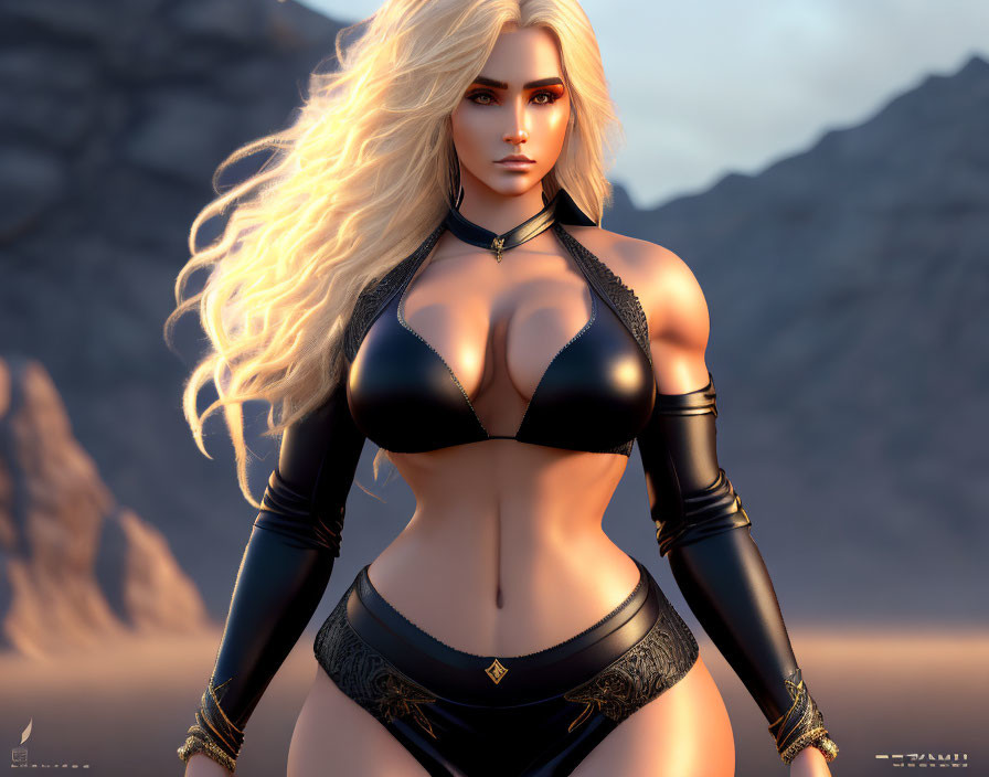 Blonde woman in fantasy outfit against desert backdrop