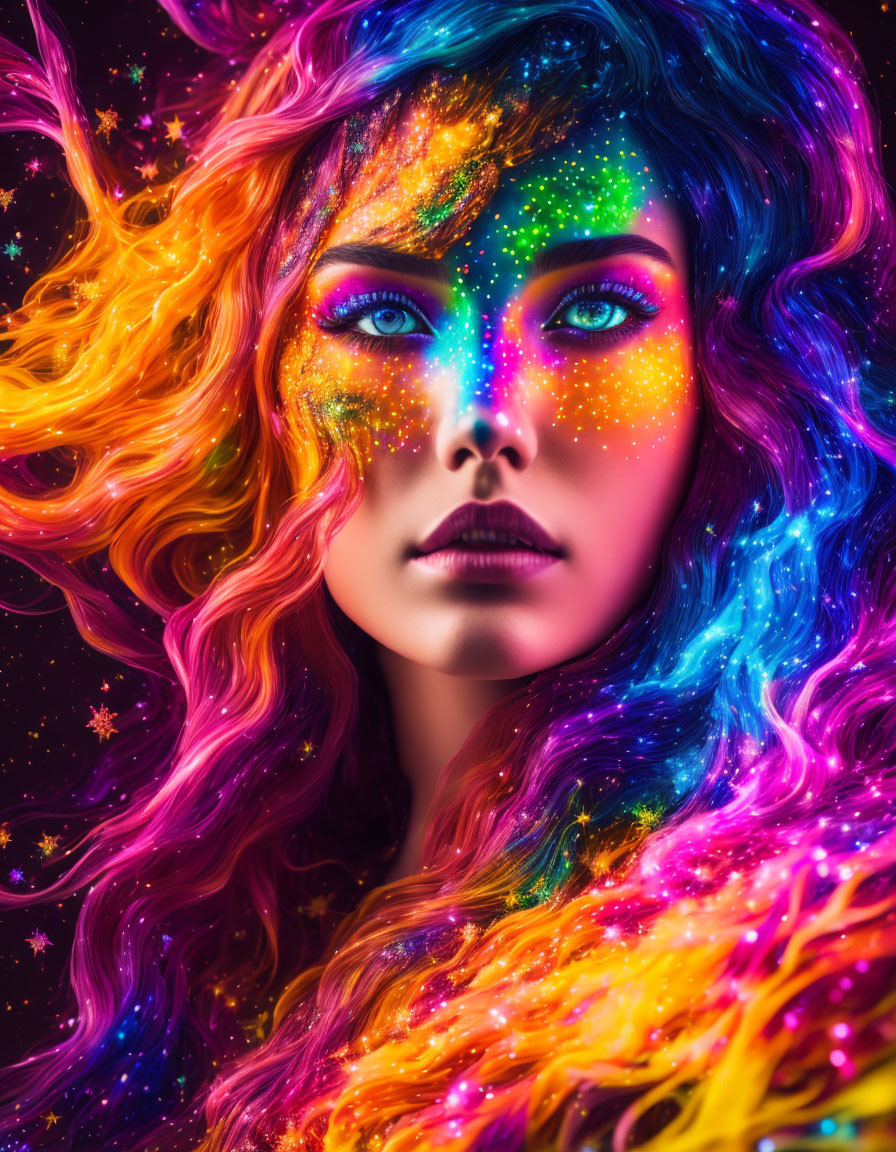 Colorful portrait of woman with galaxy-inspired makeup and rainbow hair on starry backdrop