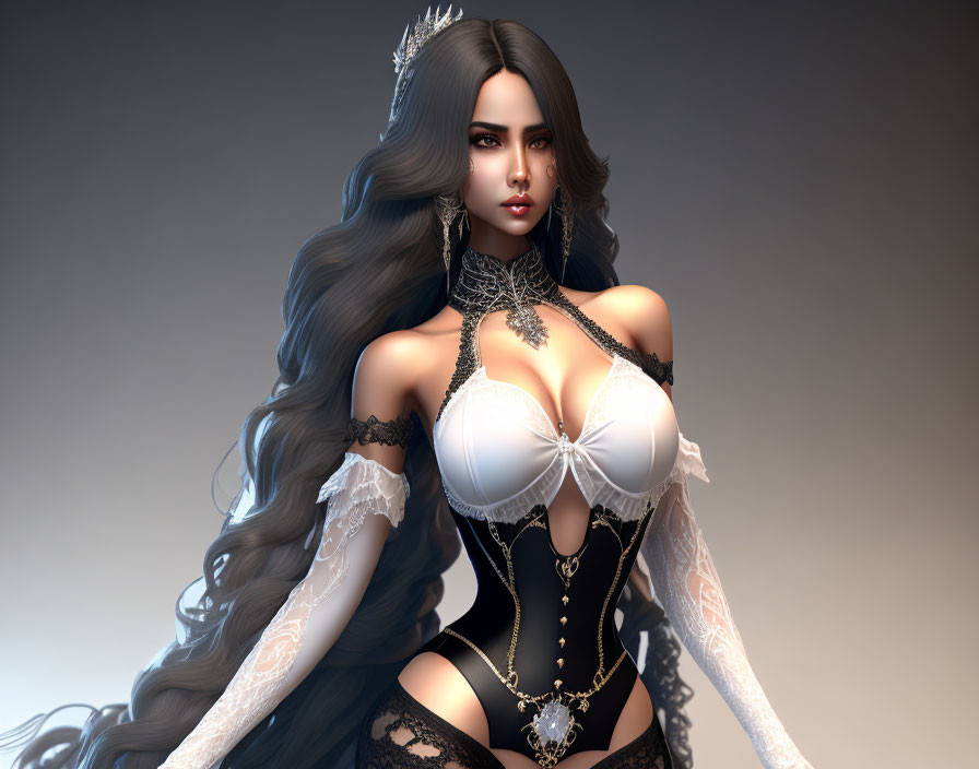 3D Rendered Image: Woman in Corseted Dress with Long Wavy Hair