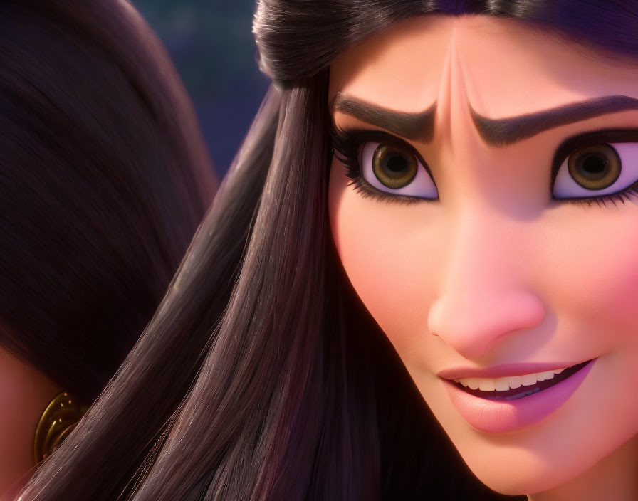 Detailed depiction of animated female character with long dark hair and expressive green eyes.