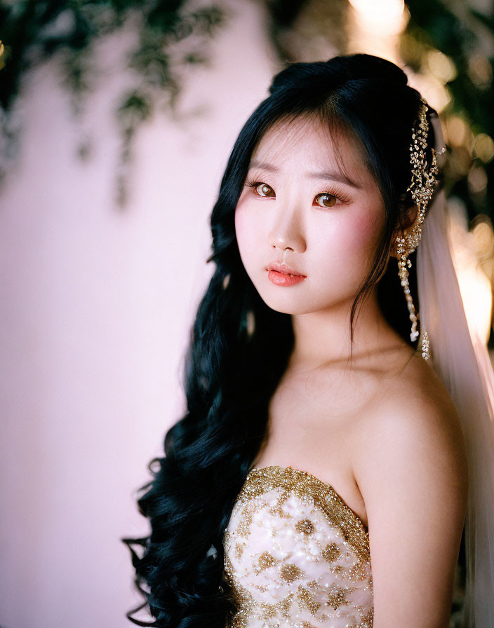 Bridal woman in jeweled headpiece and gold bodice against greenery backdrop