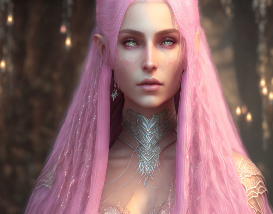 Fantasy elf with pink hair and silver jewelry in soft-lit forest