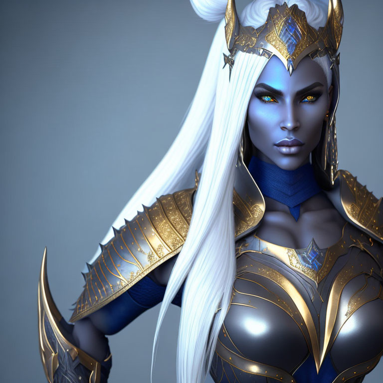 Female fantasy warrior digital artwork: long white hair, green eyes, gold and blue armor.