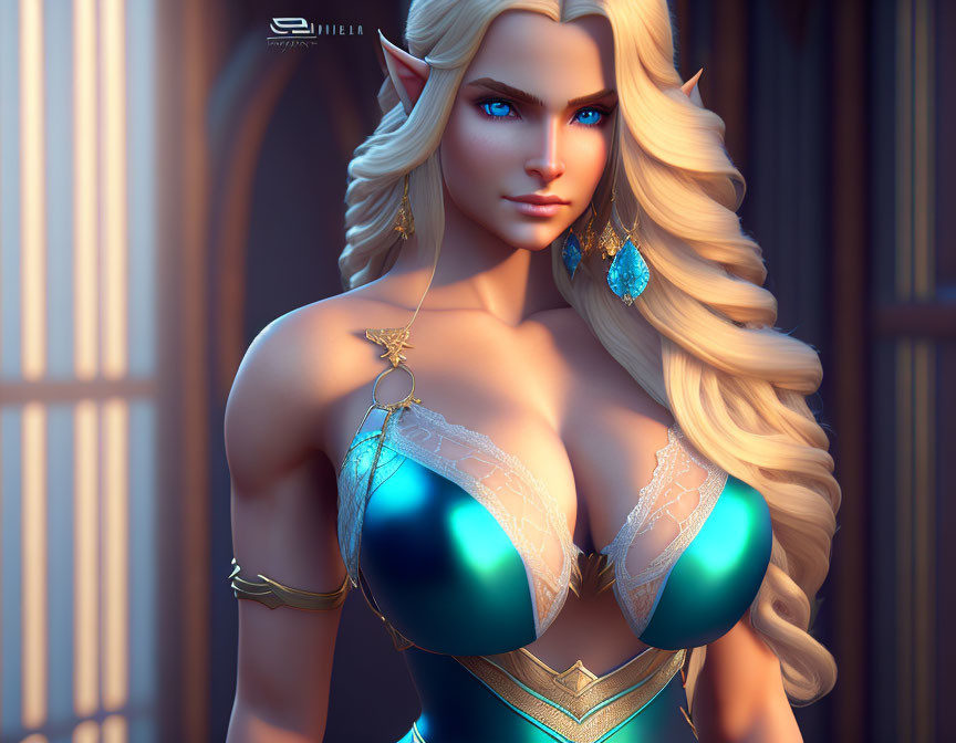 Blonde-haired female elf in blue and gold attire