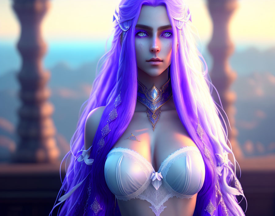 Digital Artwork: Female Character with Violet Hair and Eyes in White and Purple Outfit