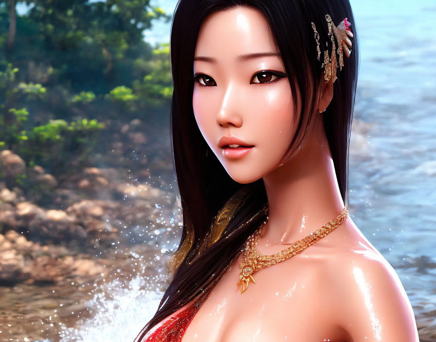 Digital artwork of Asian woman with flowers in hair, red garment, gold jewelry, by water.