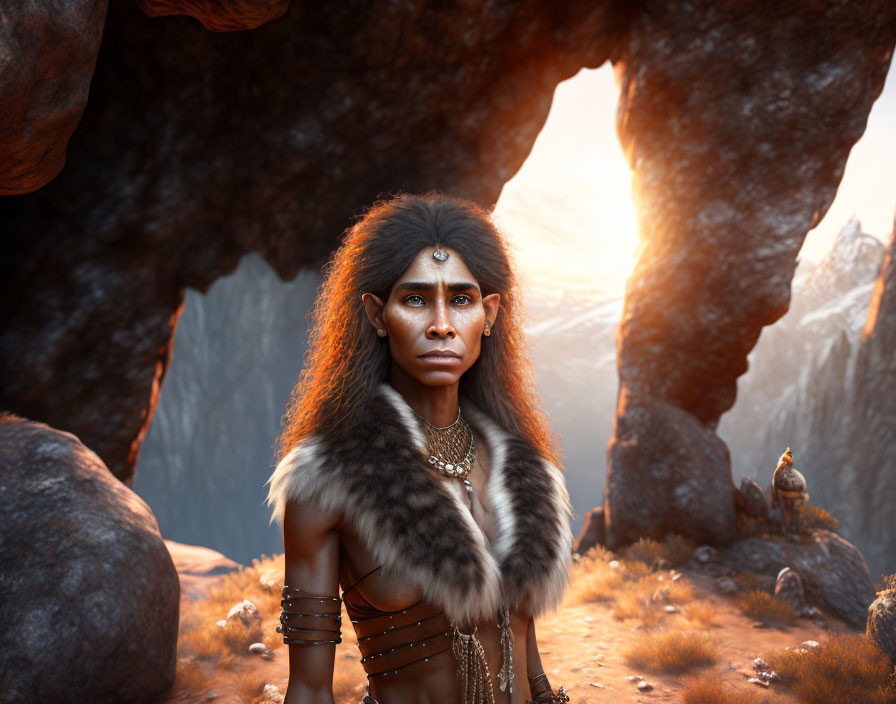 Woman in tribal attire standing in rugged landscape with cave at sunset