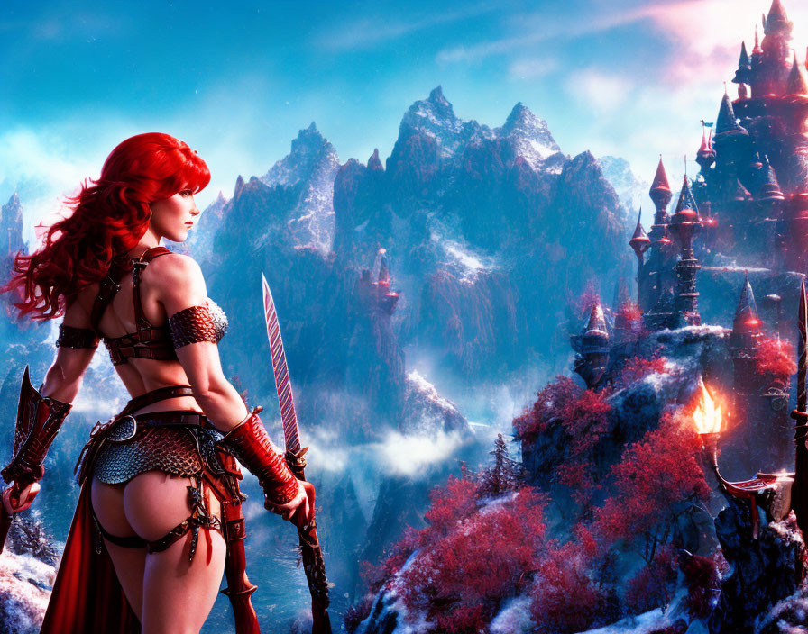 Red-Haired Warrior Woman in Armor Overlooking Mystical Landscape