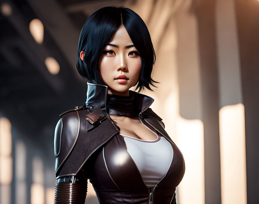 Short Black-Haired Animated Character in Futuristic Bodysuit in Softly Lit Corridor