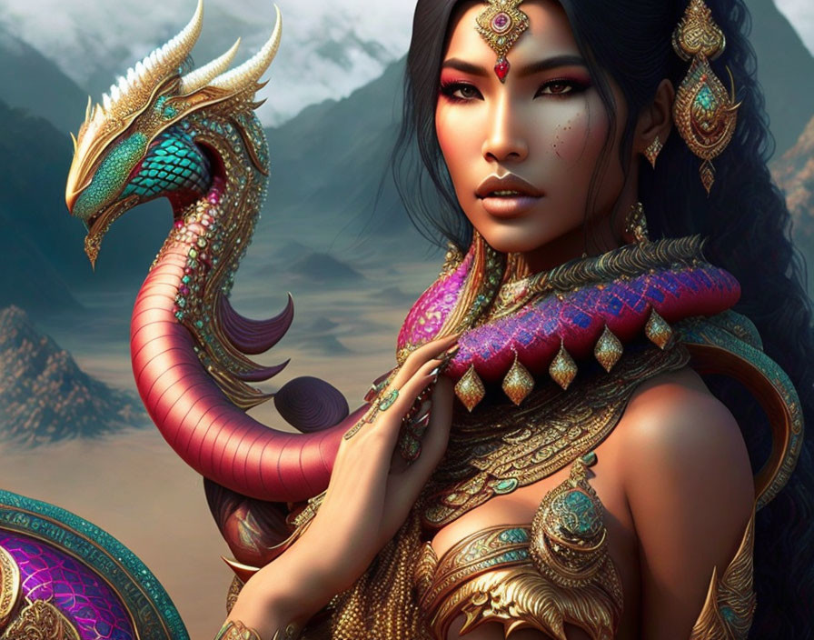 Digital artwork: Woman adorned with golden jewelry, accompanied by a coiled dragon, in a mythical setting